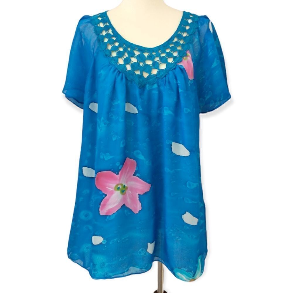 Soft Surroundings Babydoll Top Sz L SILK Floral Crochet Bohemian Fairy Hippie